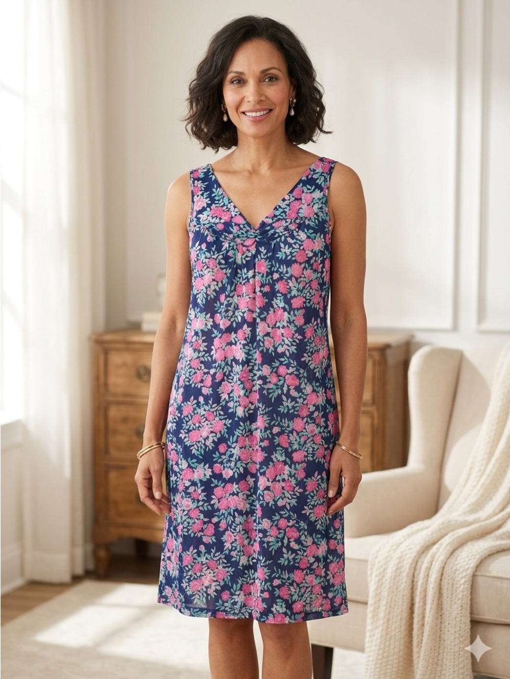 Vintage Vassarette Floral Nylon Tricot V-Neck Nightgown Dress - Size Medium